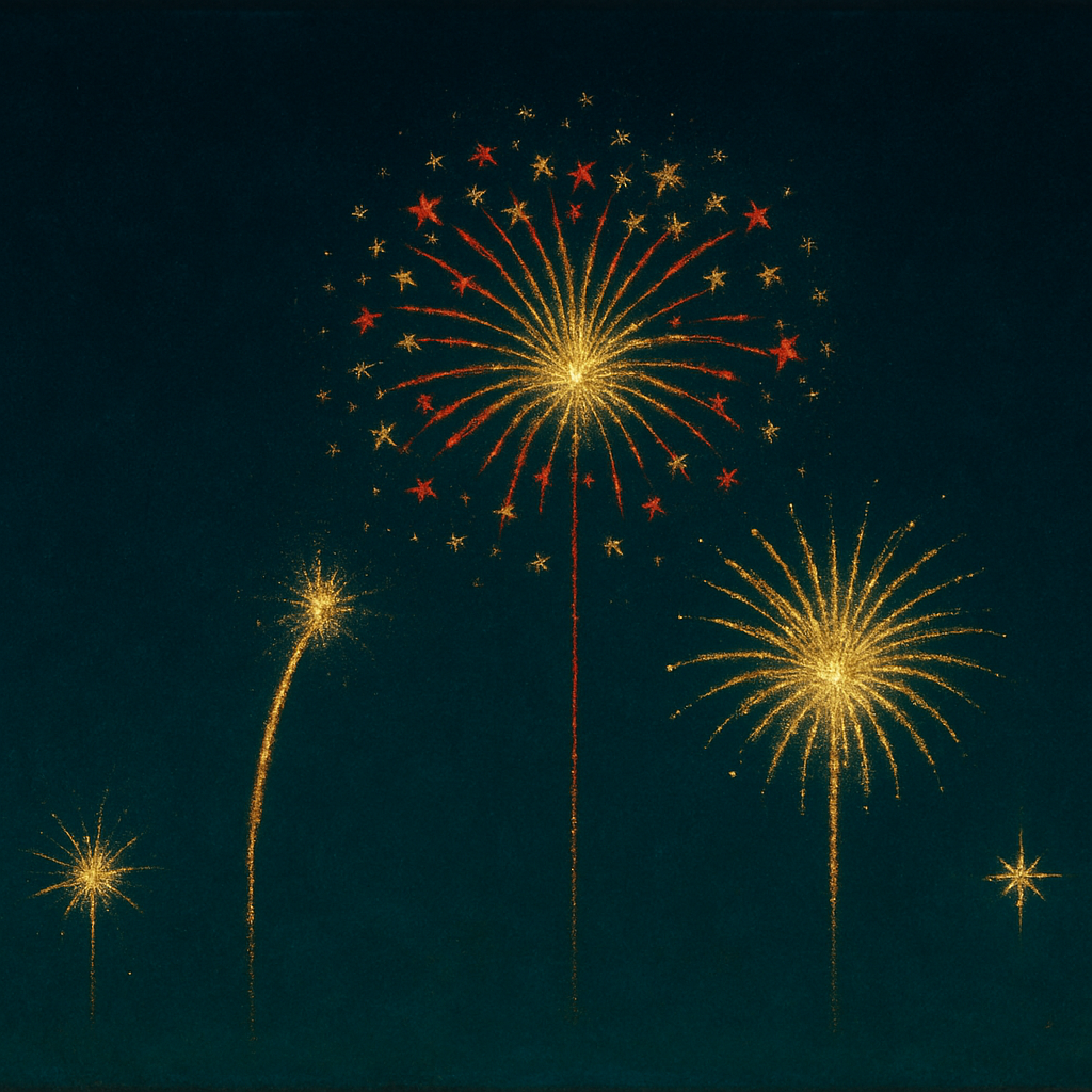The five-stage arc of a firework display, from spark to peaceful darkness
