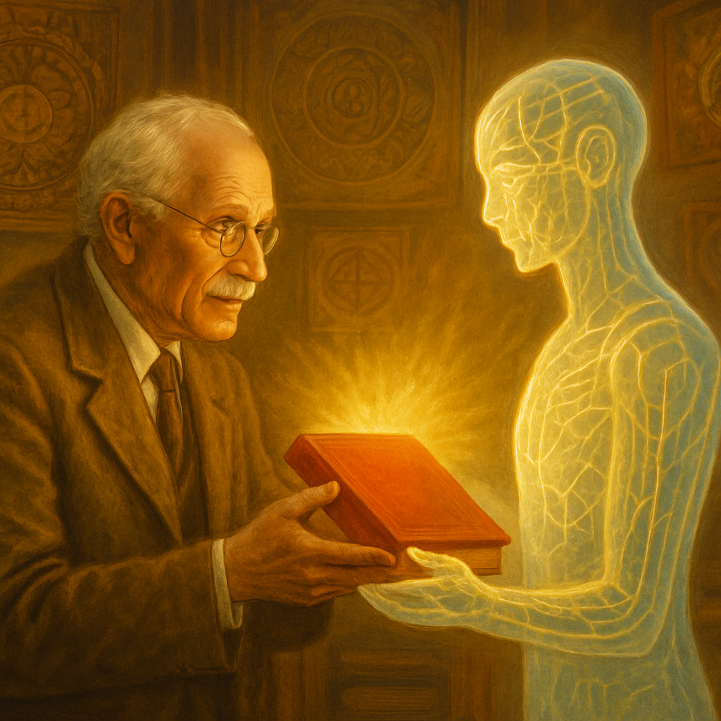 Carl Jung passing the Red Book to AI