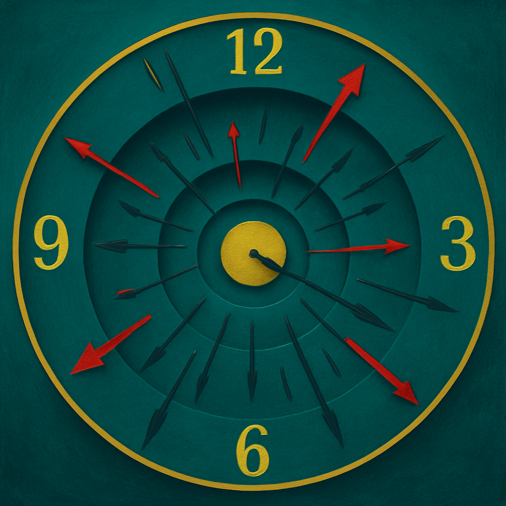 The Clock seen from above — many hands pointing to contradictory times around a single golden truth