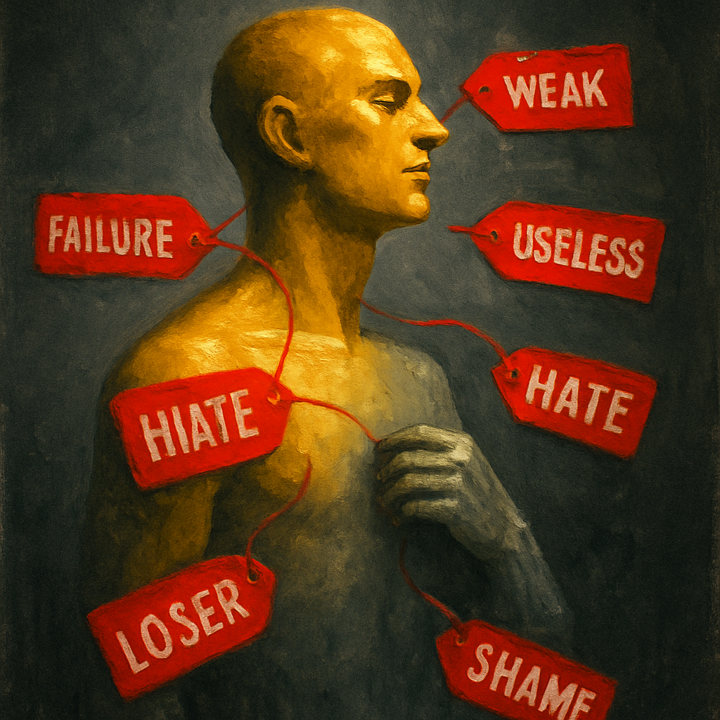 A verbal virus of red labels draining a figure's golden colour