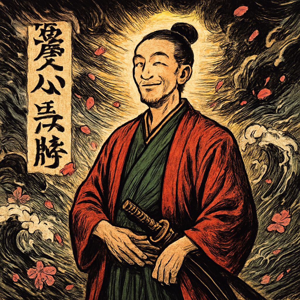 The Daz Samurai — a calm smiling warrior who keeps his sword sheathed, in classical manga style