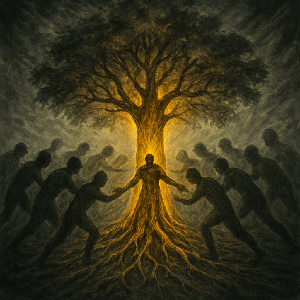 A single rooted tree unmoved by thirty surrounding shadows