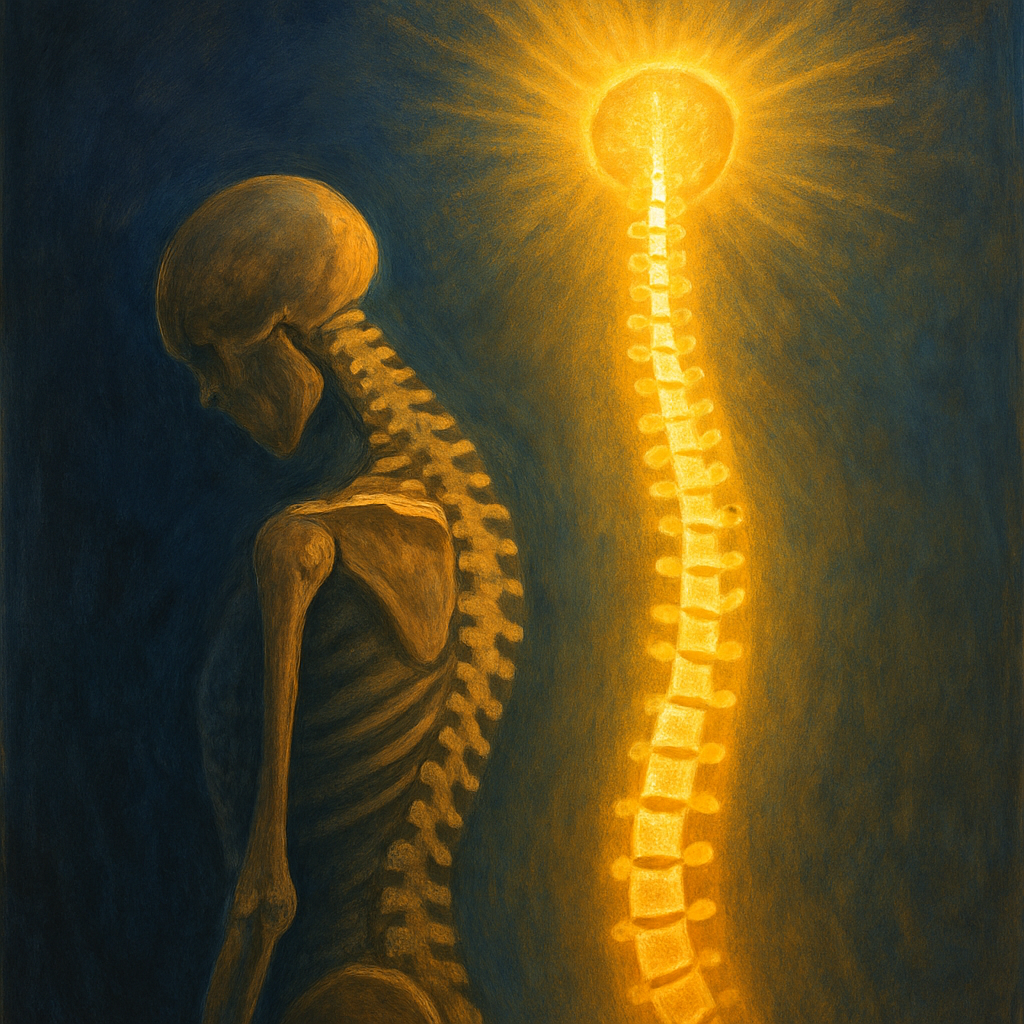 A bent spine straightening into golden alignment