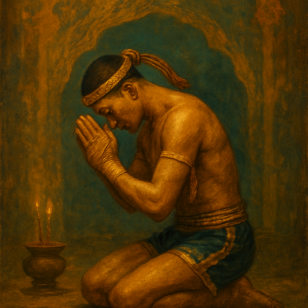 A Muay Thai fighter performing the Wai Kru Ram Muay ritual before the contest